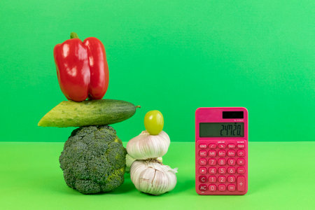 conceptual creative photo of monetary inflation, economic recession, crisis_vegetables and calculatorsの写真素材