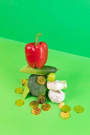 conceptual creative photo of monetary inflation, economic recession, crisis_vegetables and coinsの写真素材