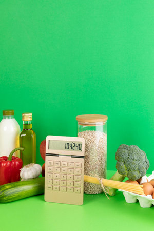 conceptual creative photo of monetary inflation, economic recession, crisis_groceries and calculatorsの写真素材