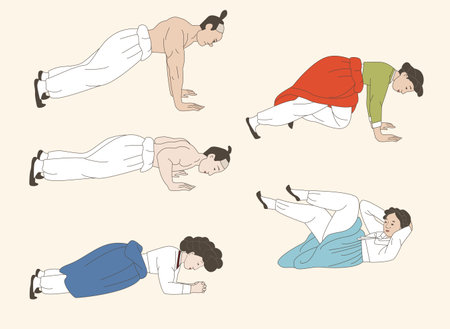 humorous painting illustration of Korean folk exercising with machine exerciseのイラスト素材
