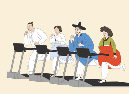 humorous painting illustration of Korean folk exercising with machine exerciseのイラスト素材