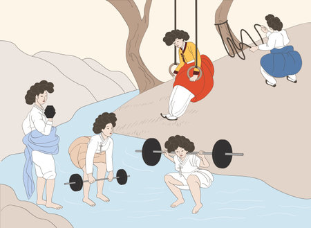 humorous painting illustration of Korean folk exercising with dumbbellのイラスト素材