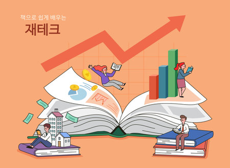 drawing of people reading and studying big book on finance investmentのイラスト素材