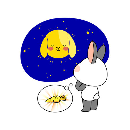 cute emoji rabbit character looking the moonのイラスト素材