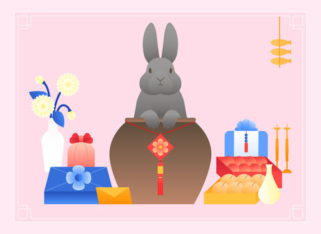 Rabbit and traditional objects of Koreaのイラスト素材