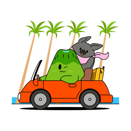 jeju island emoticon character_ car trip with a black pigのイラスト素材