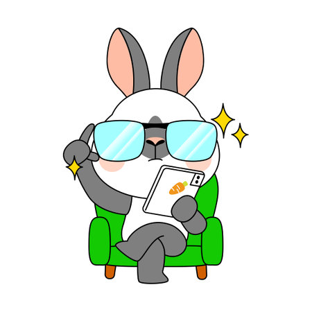 cute emoji rabbit character sitting with a tabletのイラスト素材