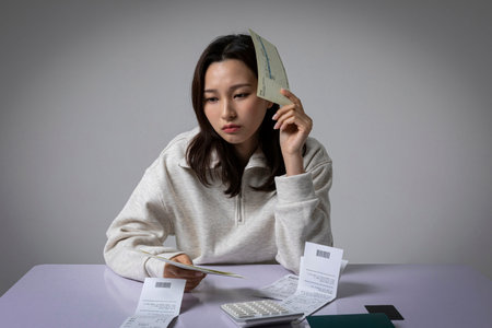stressed, depressed Korean business woman in pink suit, thinking while looking at the receipt