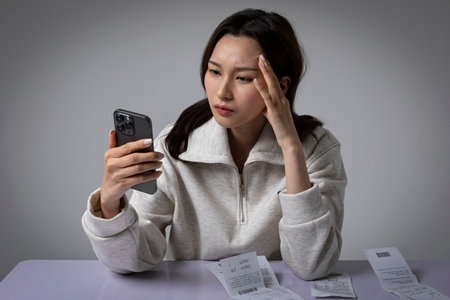 stressed, depressed Korean business woman in pink suit, thinking about it while looking at smartphoneの写真素材