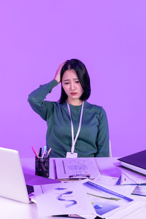 business working concept, young Korean Asian woman tired burned out with a lot of work