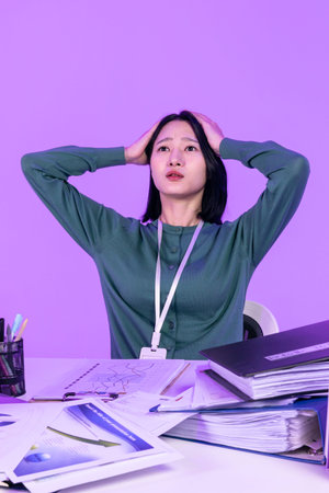 business working concept, young Korean Asian woman suffering from a lot of work