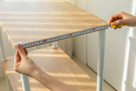 DIY interior hand motion, closeup_furniture length measurementの写真素材