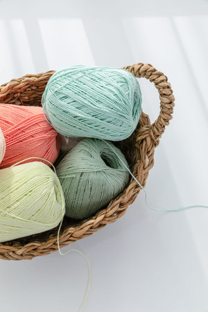 aesthetic photo of handmade, crafting hobbies, knitting thread in a basket