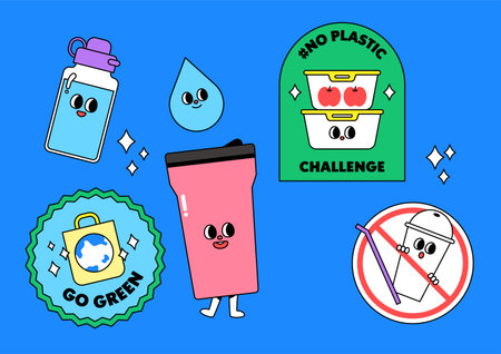 set of retro pop sticker with save earth, environment theme