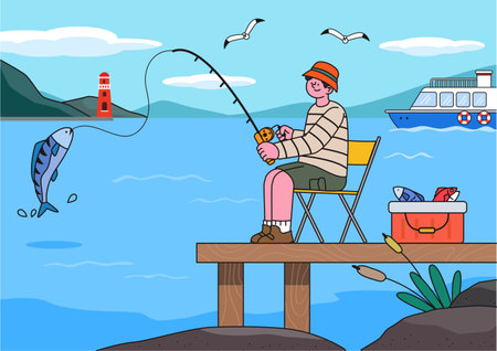 young person who enjoys fishing at seaのイラスト素材