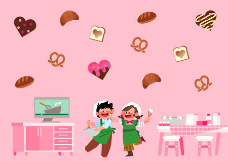 background with happy couple characters with baking objects and drawingsのイラスト素材