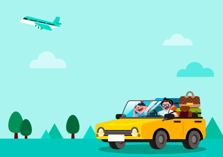 background with happy couple characters in car with luggages on the way to airportのイラスト素材
