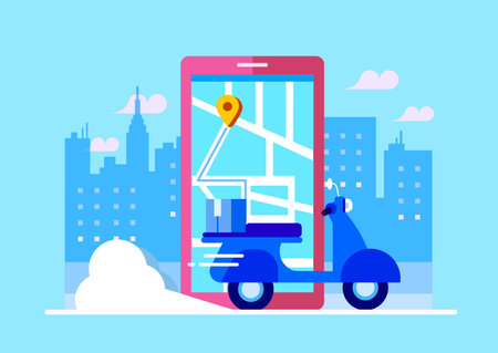delivery service app with a mobile map and a motorcycleのイラスト素材
