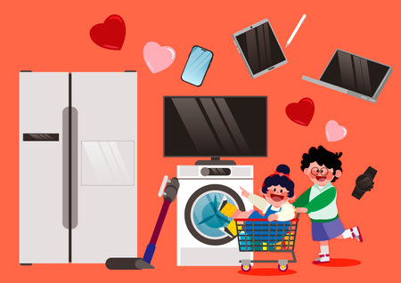background with happy couple characters with shopping objects and drawingsのイラスト素材