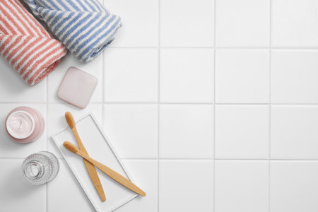 bathroom objects with tile backgroundの写真素材