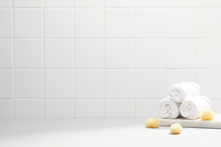 bathroom objects with tile backgroundの写真素材