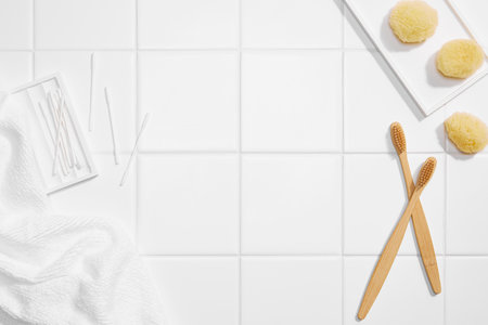 bathroom objects with tile backgroundの写真素材
