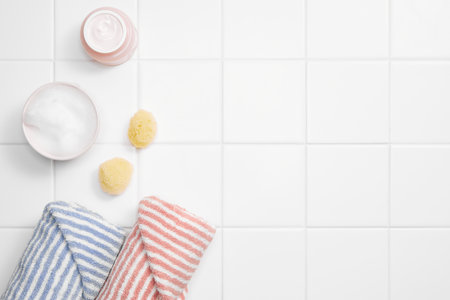bathroom objects with tile backgroundの写真素材