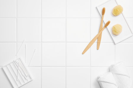 bathroom objects with tile backgroundの写真素材