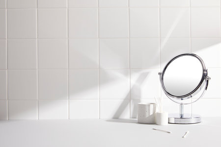 bathroom objects with tile backgroundの写真素材