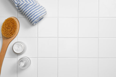 bathroom objects with tile backgroundの写真素材