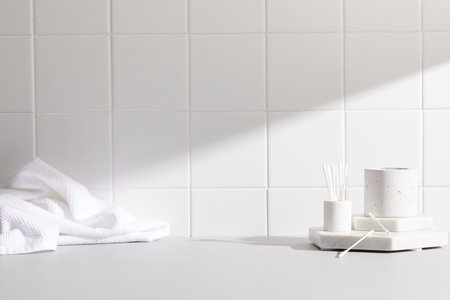 bathroom objects with tile backgroundの写真素材