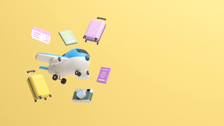 plane, lugguage, passport objects for travelの写真素材