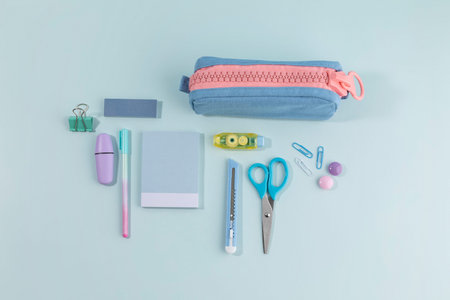 school supplies and diary concept, pencil cases and writing toolsの写真素材