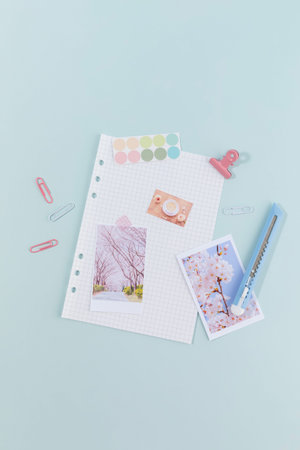 school supplies and diary concept, decorating a diaryの写真素材