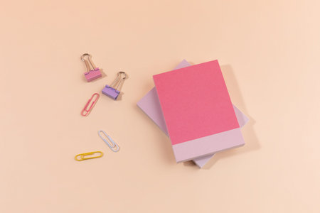 school supplies and diary concept, notepad and clipsの写真素材