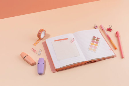 school supplies and diary concept, decorating a diaryの写真素材