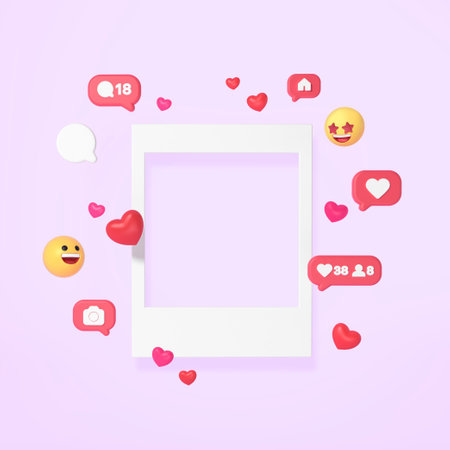 sns event 3d frame with smiling emoji, like, heart and followの写真素材