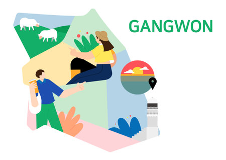 map of Gangwon, Korea and drawing of travelling peopleのイラスト素材