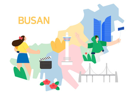 map of Busan, Korea and drawing of travelling peopleのイラスト素材