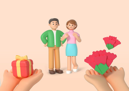 3d family characters celebrating parents day with gifts and flowerの写真素材