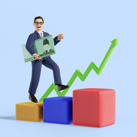 3D business male character with graph and cash