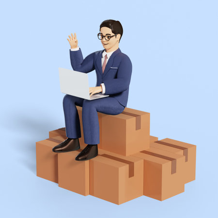 3D business male character sitting on a boxの写真素材