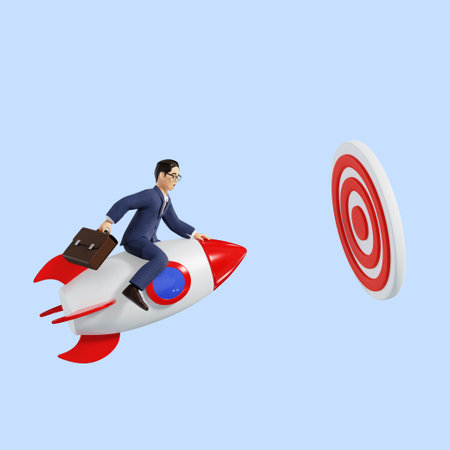 3D business male character on a rocket, flying towards targetの写真素材