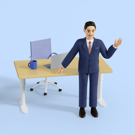 3D business male character in work areaの写真素材