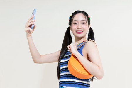 vintage y2k pink retro concept photo of korean asian cute woman holding bag and smartphone