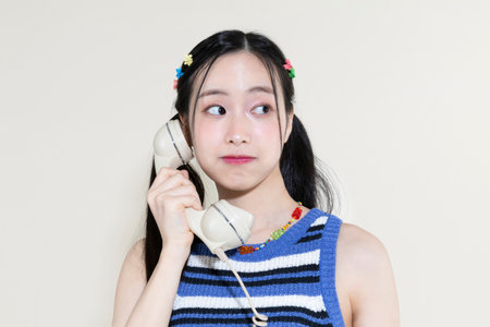vintage y2k pink retro concept photo of korean asian cute woman callingの写真素材