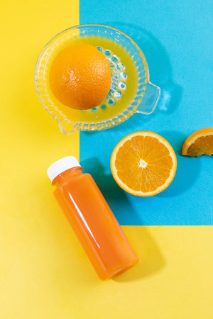 fruit still life photo, orange and orange juiceの写真素材