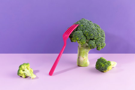 fruit still life photo, super food, broccoli and forkの写真素材