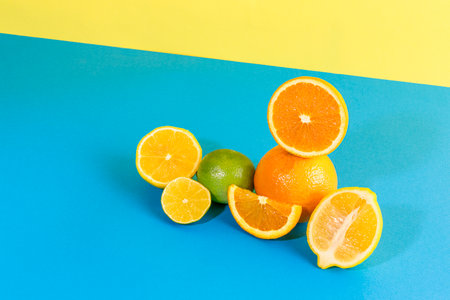 fruit still life photo, orange, lemon and limeの写真素材