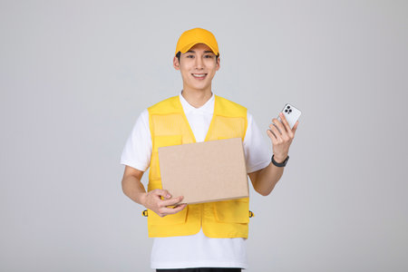 millennials and gen z, korean asian young man holding a parcel and smartphoneの写真素材